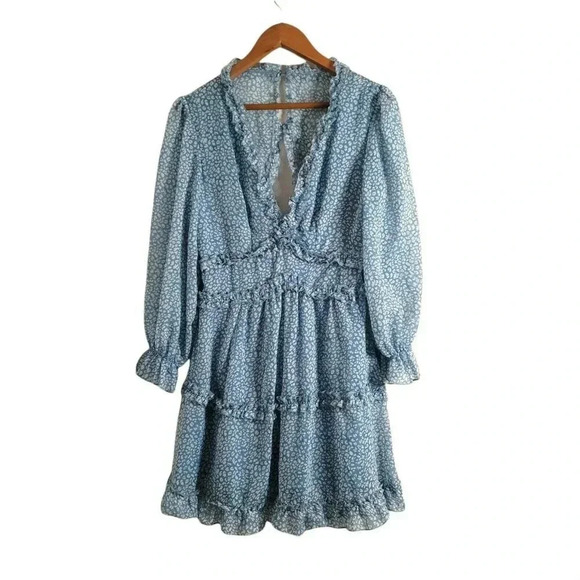 Womens Spring Summer Deep V Neck Ruffle Long Sleeve Floral Print Mini Dress Sz S - Picture 1 of 12